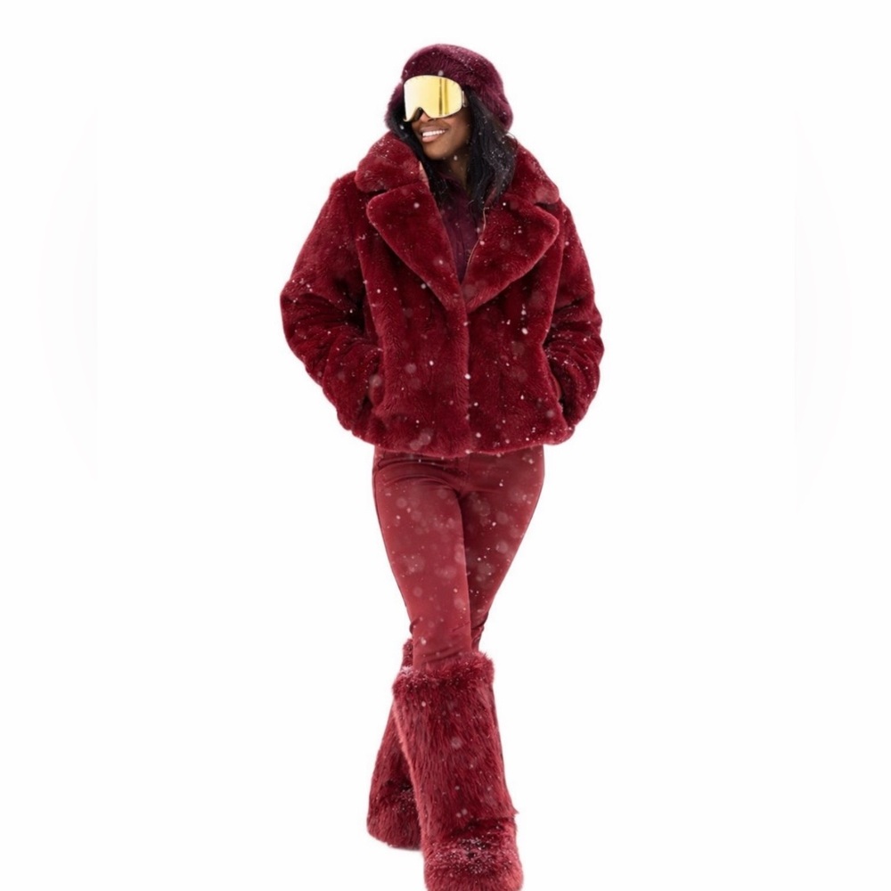 Camila Coelho Faux Fur Coat Burgundy Deep Red Size: Medium - Picture 2 of 9